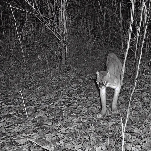 Prompt: cougar in forest at night, night vision goggles, shot from the ground up, grainy