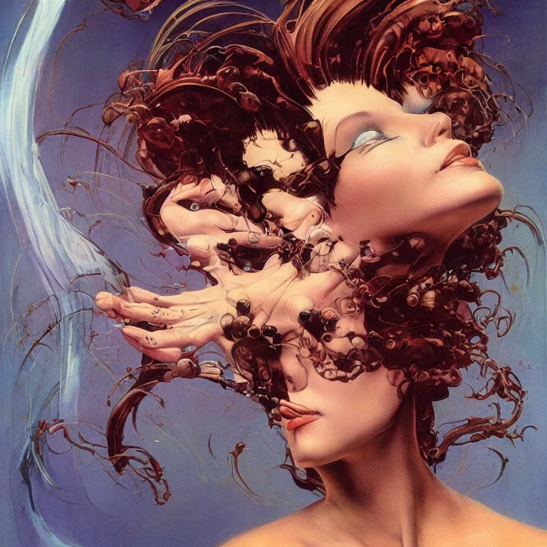 Prompt: portrait of a woman with ( ( ( ( swirling ) ) ) ) hair and fractal skin by frank frazetta, retrofuturism, psychedelic art reimagined by industrial light and magic