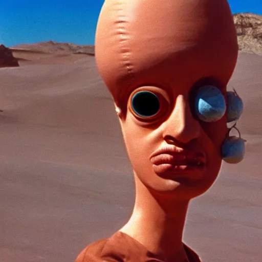 Prompt: woman with an inflatable head and giant eyeballs, in the desert 1972 Jodorowsky film, archival footage, technicolor film expired film live-action, 16mm
