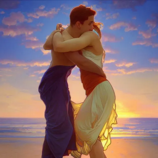 Prompt: a boy embracing an emotional girl on the beach, sundress, sunset, extremely detailed, raytracing, art by artgerm, alphonse mucha, artstation