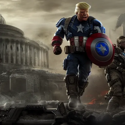 Image similar to Portrait! of President Donald Trump as ((captain america)) in Gears of War, patriotic, splash art, movie still, cinematic lighting, dramatic, octane render, long lens, shallow depth of field, bokeh, anamorphic lens flare, 8k, hyper detailed, 35mm film grain