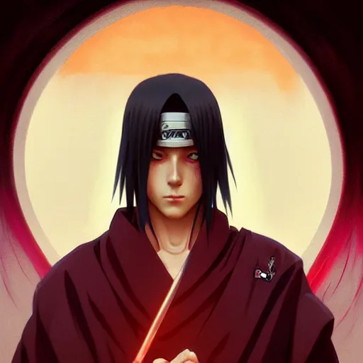 Prompt: itachi sharingan, highly detailed, digital painting, artstation, concept art, sharp focus, illustration, art by greg rutkowski and alphonse mucha