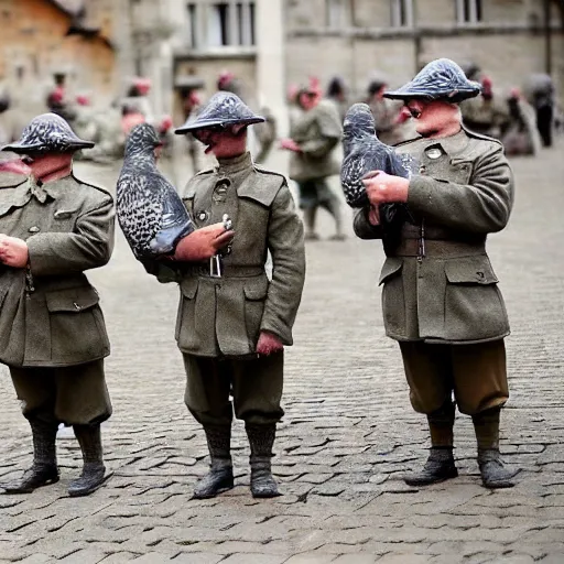 Prompt: pigeons dressed up as world war 1 soldiers