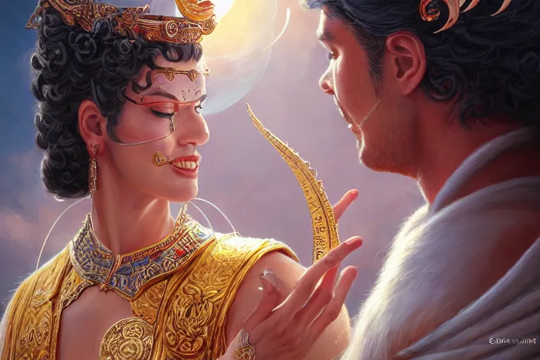 Prompt: close up moment of a divine a sun god and a moon goddess lovers magician at a wedding banquet, highly detailed, d & d, fantasy, highly detailed, digital painting, trending on artstation, concept art, sharp focus, illustration, art by artgerm and greg rutkowski and magali villeneuve