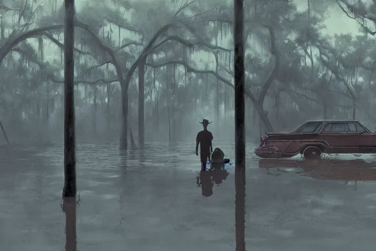 Image similar to scene from louisiana swamps, old protestant church with neon satanic pentagram, junkyard by the road, boy scout troop, voodoo artwork by tim eitel