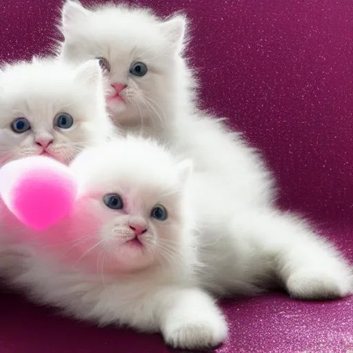 Image similar to hyper realistic photograph of the cutest fluffiest kittens rolling around playfully with cute pink hearts in the background