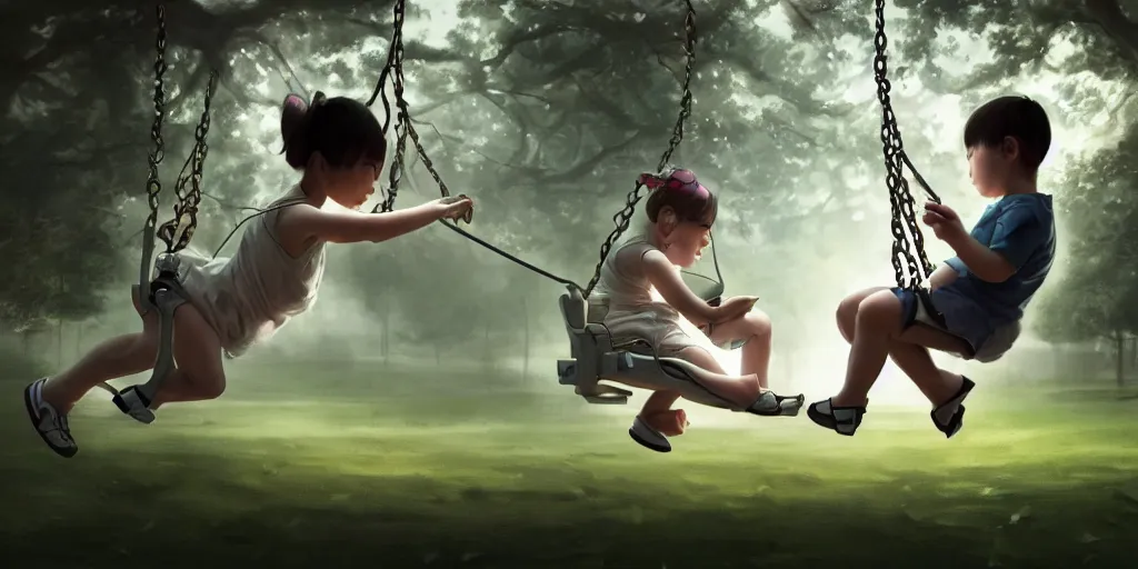 Prompt: hyperrealistic photography of a gentle cyborg pushing an android child on a swing in a cyborg park in the style of Jin Kagetsu, patricia piccinini, James Jean and wlop, highly detailed, masterpiece, award-winning, sharp focus, intricate concept art, ambient lighting, 8k, artstation