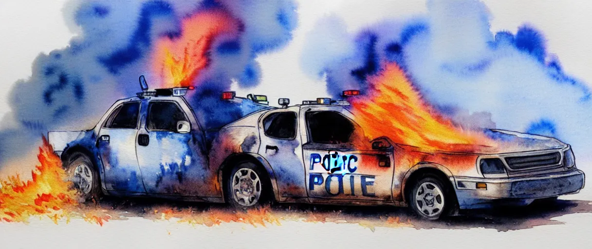 Prompt: watercolor of burning police car