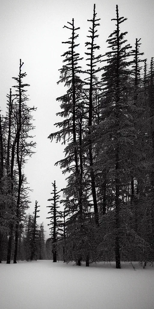 Prompt: Dark spruce forest frowned on either side of the frozen waterway. The trees had been stripped by a recent wind of their white covering of frost, and they seemed to lean toward each other, black and ominous, in the fading light. A vast silence reigned over the land. The land itself was a desolation, lifeless, without movement, so lone and cold that the spirit of it was not even that of sadness, highly detailed super wide angle