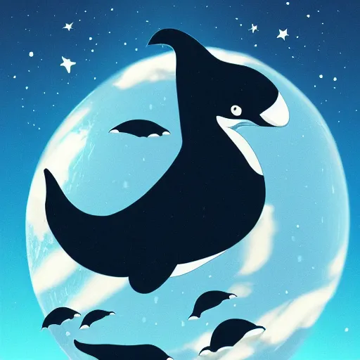 Image similar to Shamu the orca killer whale jumping over the moon. space, stars, planets. SeaWorld, ccean life, marine life. Trending on artstation