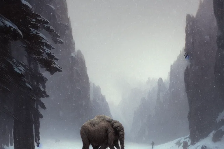 Image similar to a mammoth walking in a terrible snowstorm, luminous sky, by greg rutkowski and alphonse mucha, gradient brown to white, rocky mountains background, highly detailed landscape, digital painting, artstation, concept art, smooth, sharp focus illustration