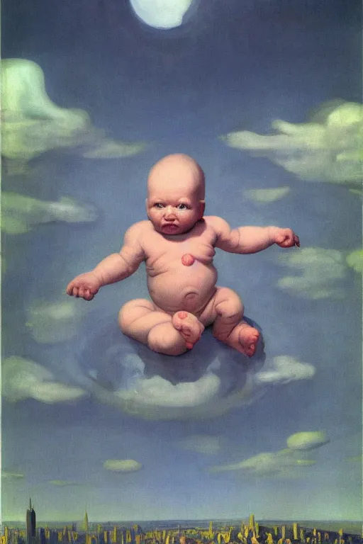 Image similar to evil human giant baby in a diaper, grows up to the sky, destroys the city under his feet, hauntingly surreal, highly detailed painting by francis bacon, edward hopper, adrian ghenie, gerhard richter, and james jean soft light 4 k,