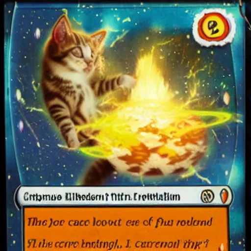 Image similar to a magic the gathering card of a kitten blowing up a planet