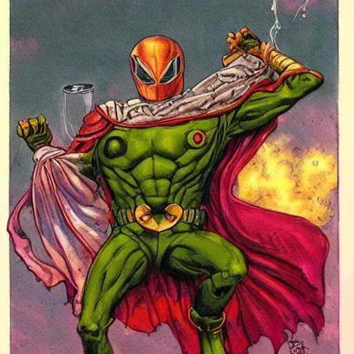 Image similar to Mysterio drinking tea, artwork by Earl Norem,