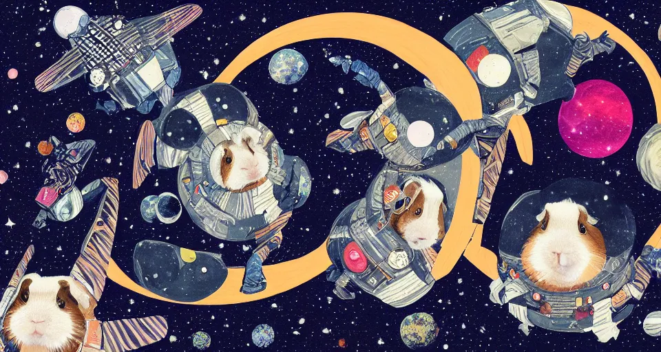 Prompt: guineapigs's portrait on the cover of vogue magazine flying in space suits, deep dark universe, twinkling and spiral nubela, warmhole, beautiful stars, 4 k, 8 k, by hokusai, samurai man vagabond, detailed, editorial illustration, matte print, concept art, ink style, sketch, digital 2 d