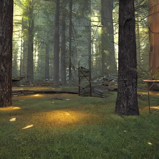 Image similar to rust base in a photorealistic forest, light fixtures, 8k, detailed