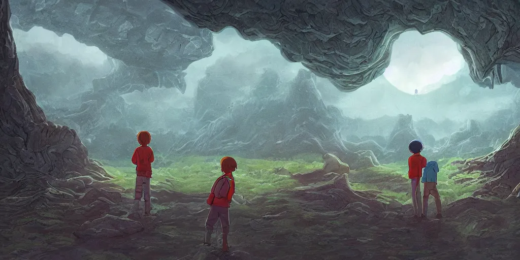 Image similar to highly detailed cell - shaded cartoon landscape with two boys looking at a miniature alien creature 1 9 7 0 s science fiction, moody, misty, depth perception, 4 k, artstation, in the style of studio ghibli