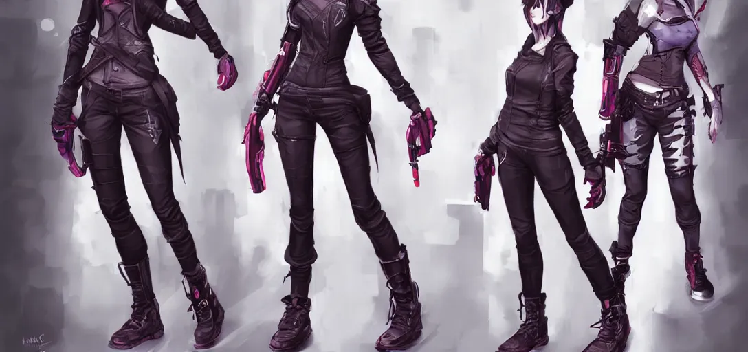 Prompt: character sheet concept art of female video game characters, streetwear, futurepunk, dark, moody, by marc brunet and artgerm
