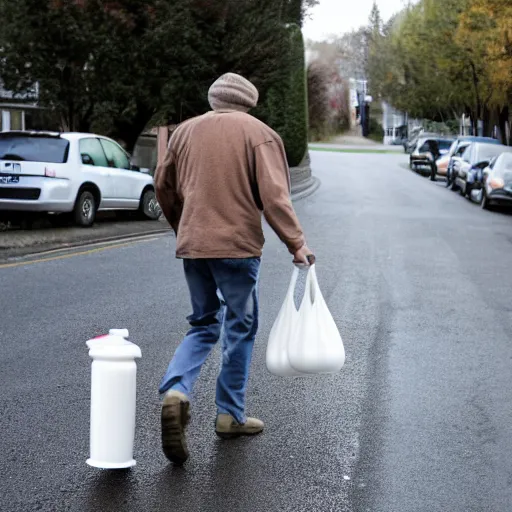 Image similar to white man walking down the street with a gallon of milk