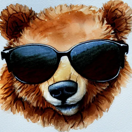 Prompt: Portrait of a Teddy Bear wearing sunglasses, Watercolor, photorealistic, high resolution, award winning, trending on artstation, highly detailed