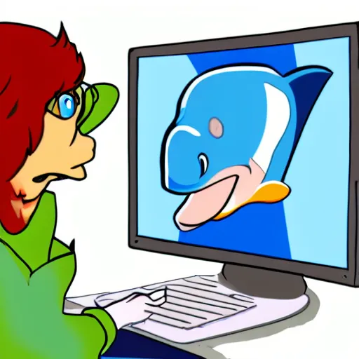 Image similar to An anthropomorphic dolphin dressed as a chemist, playing games on a computer