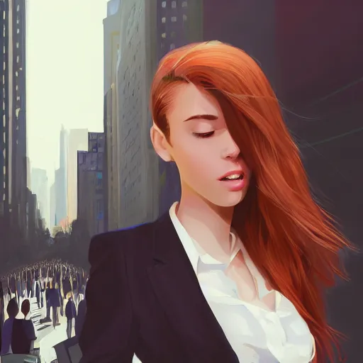 Prompt: cute beautiful girl with angel wings in suit crying in the Wall Street in the middle of the crowd, elegant, 2d, ultra highly detailed, digital painting, smooth, sharp focus, artstation, pixiv, art by Ilya Kuvshinov