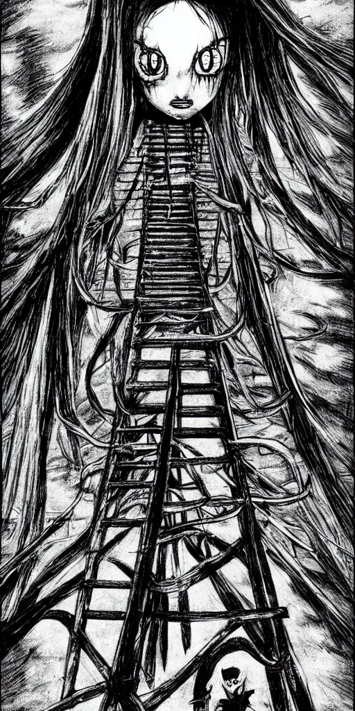 Image similar to A ladder from top to bottom, horror, creepy, dark, manga, pencil, inspired by junji ito, superior quality, masterpiece