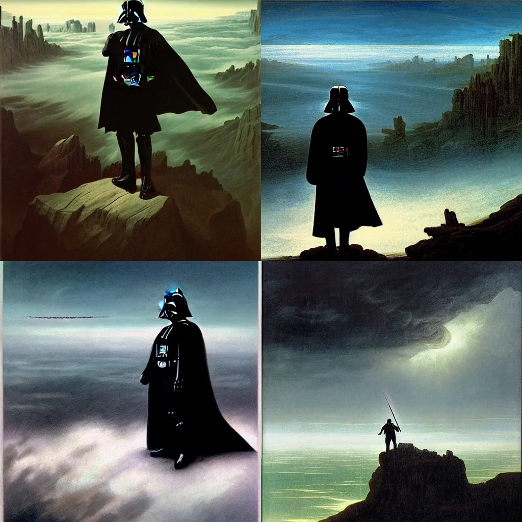 Prompt: darth vader, wanderer above the sea of fog by caspar david friedrich