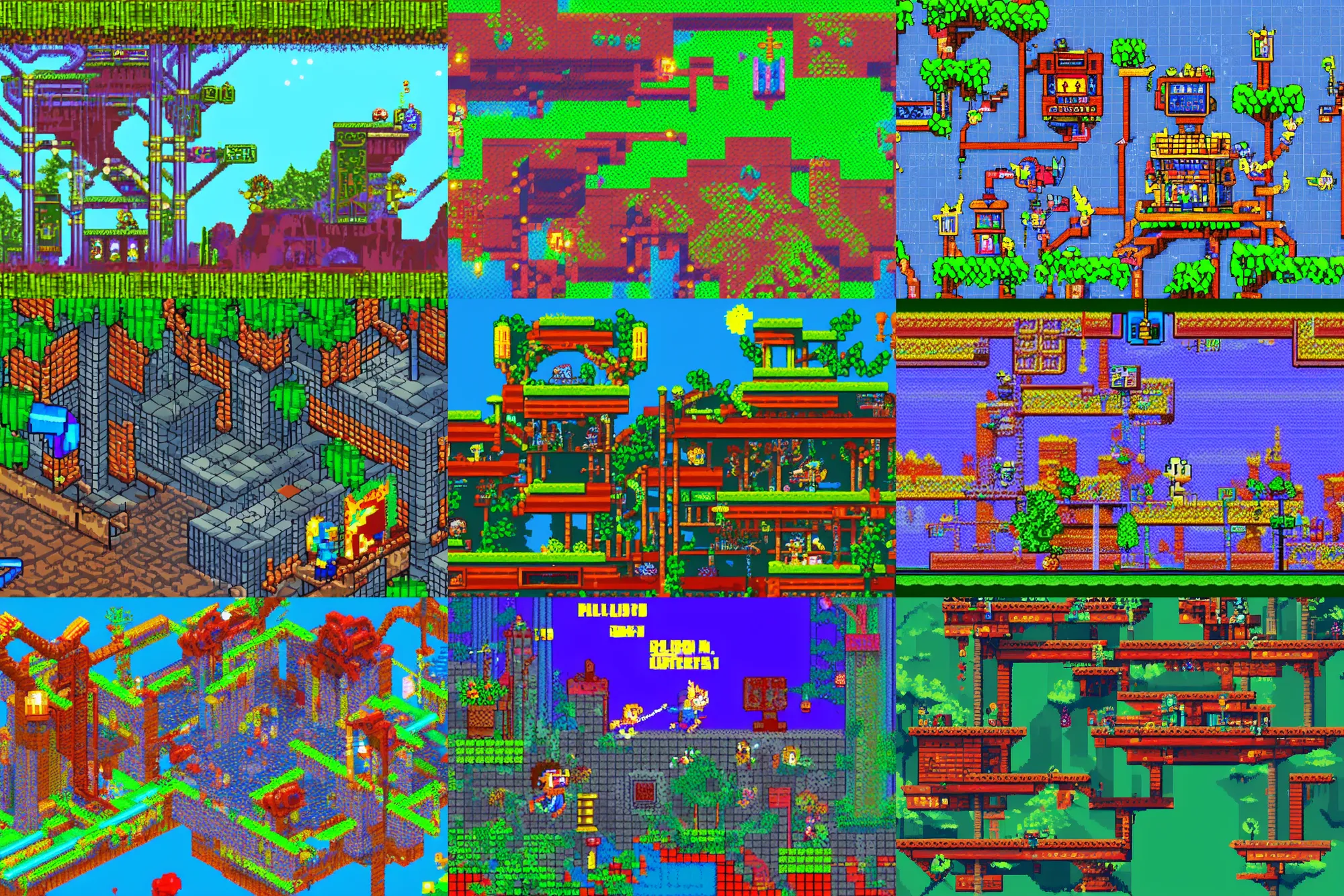 Prompt: a pixel art retro platformer videogame screenshot, abandoned cyberpunk amusement park built on floating rock gardens