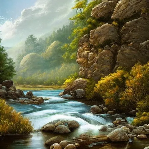 Prompt: a beautiful landscape, river, rocks, trees, intricate, elegant, highly detailed