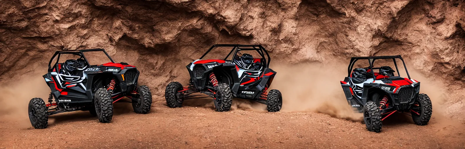 Prompt: action shot of a polaris rzr in a cave 8 k photography, action sports