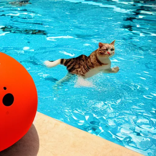 Prompt: cat with floating bouy enjoying a swim at the pool