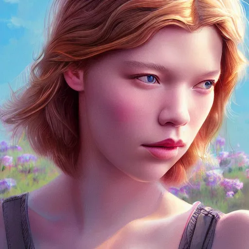 Image similar to a beautiful scenic painting of a beautiful young girl that looks like lea seydoux by artgerm and wlop and wes anderson and spike jonze