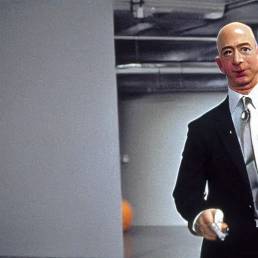 Image similar to jeff bezos as mr orange in reservoir dogs, opening credits, group walking together, 3 5 mm film, high quality film, big screen, cinematic