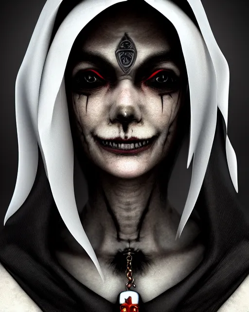 Prompt: headshot portrait of nightmare nun inspired by occult ritual, monstrous face, detailed, textured, realistic, unreal engine, cgsociety, cinematic lighting, concept art