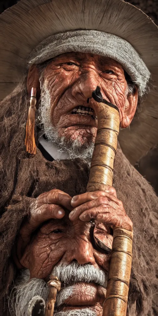 Image similar to Bolivian old man playing a quena wind instrument, unreal 5, hyper realistic, realistic, photo realistic, dynamic lighting, highly detailed, cinematic landscape, studio landscape, studio lighting