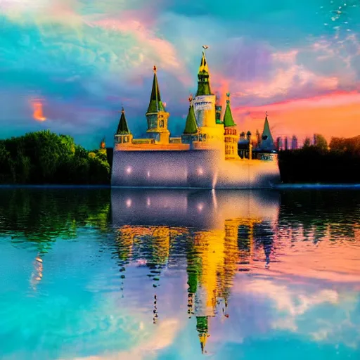 Prompt: underwater castle with kremlin spires, pastel colors, bright landscape, fairytale, dreamy light, complementary palette, floating particles, by jacek yerga and jesse king, bokeh, detailed