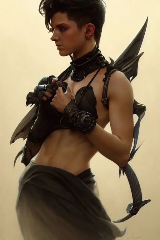 Image similar to photorealistic portrait of a young butch solargoth woman, handsome, female, masculine, upper body, fantasy, fierce, sharp features, intricate, elegant, highly detailed, digital painting, artstation, concept art, matte, sharp focus, illustration, art by artgerm and greg rutkowski and alphonse mucha