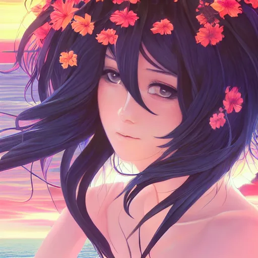 Image similar to a beautiful girl with long black hair in, island background, intricate, highly detailed, digital painting, artstation, official media, anime key visual, concept art, rich vivid colors, ambient lighting, sharp focus, illustration, art by Artgerm, Makoto Shinkai, Ilya Kuvshinov, Lois Van Baarle, and Rossdraws