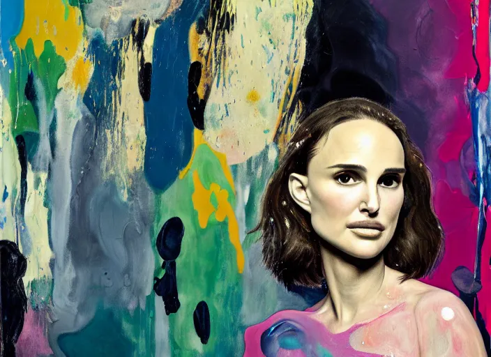 Image similar to portrait of natalie portman, by vincent lefevre and hernan bas and pat steir and hilma af klint, psychological, photorealistic, dripping paint, washy brush, rendered in octane, altermodern, masterpiece