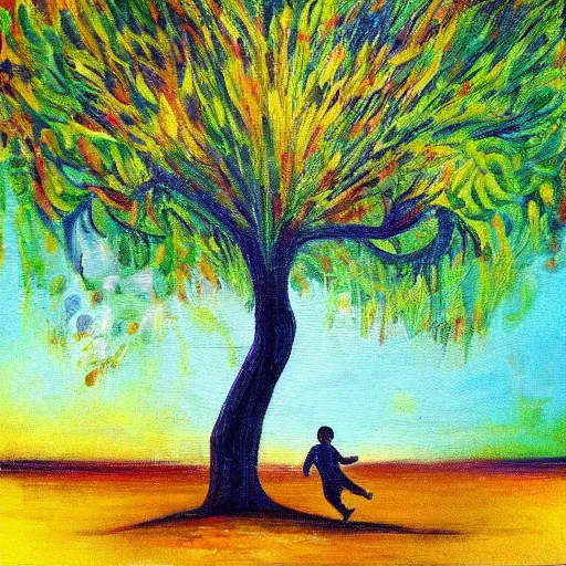 Image similar to “a boy running by a magic tree oil panting”