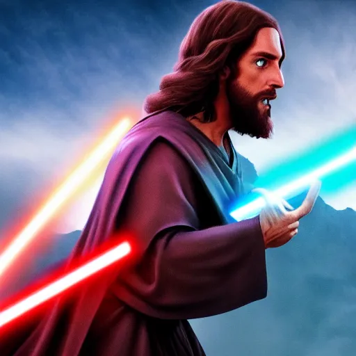 Image similar to jesus christ our lord and savior fighting the sith from star wars, 4 k, high resolution, still, landscape, hd, dslr, hyper realistic