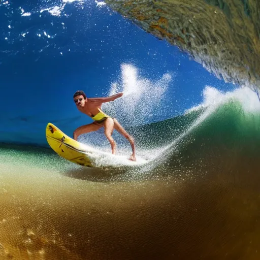 Prompt: real life spongebob, surfing in the sea