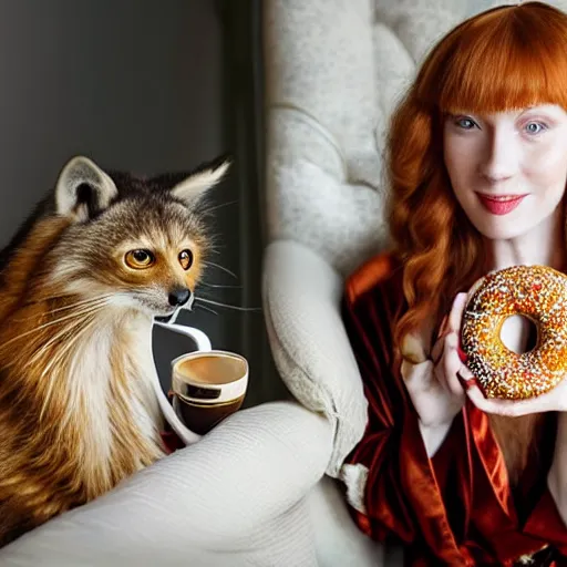 Image similar to a stunning hyper-detailed photo of one slender beautiful smiling woman with long ginger hair and bangs, wearing a luxurious silk robe, wearing headphones and posing with her large ginger tabby cat and her raccoon and parrots in an overstuffed easy chair in her sunlit victorian living room, holding a porcelain parrot-shaped coffee mug and a donut, perfect eyes, fashion photography, cinematic lighting, octane render, IBEX Masters, unreal engine, 85 mm lens