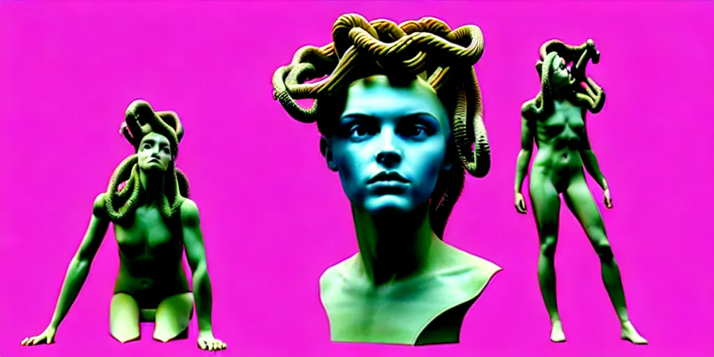 Prompt: modern sculpture, young woman as medusa, multiple poses, androgynous, vaporwave, vhs still