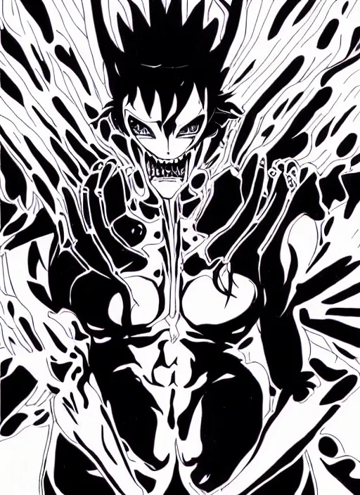 Prompt: shin megami tensei art of a demon called gigachad, art by kazuma kaneko, demonic! compedium!, law aligned, digital drawing, white background, very high quality, very highly detailed