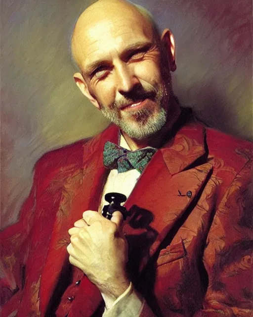 Image similar to handsome gaunt man with receding hair, in a smoking jacket, holding a pipe, warm colors, hard angles, painting by gaston bussiere, craig mullins, j. c. leyendecker