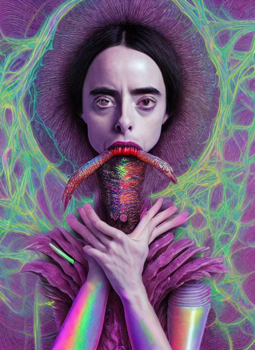 Prompt: hyper detailed 3d render like a chiaroscuro - kawaii portrait evoke (an astronaut queen with suit like a chrome skeksis porcelain forcefield looks like Krysten Ritter) seen Eating of the Strangling network of charcoal aerochrome watercolor and milky Fruit and His delicate Hands hold gossamer polyp nun bring iridescent fungal flowers