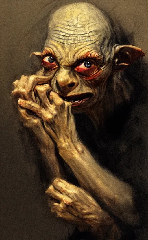 Prompt: a beautiful painting of gollum holding the ring and crying, by rembrandt, rembrandt lighting, beautiful composition and structure, high contrast, high saturation, vivid ember colors, cross hatching featured on artstation, shading study, lighting study