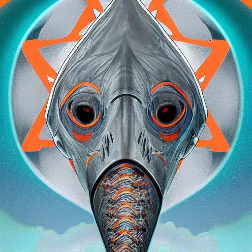 Image similar to great white shark, side view, with a silver and orange striped traffic cone construction cone on its dorsal fin, mandala background - ron cheng & alphonse mucha, highly detailed, digital painting, ray tracing, concept art, illustration, smooth sharp focus, intricate, symmetry, artstation,